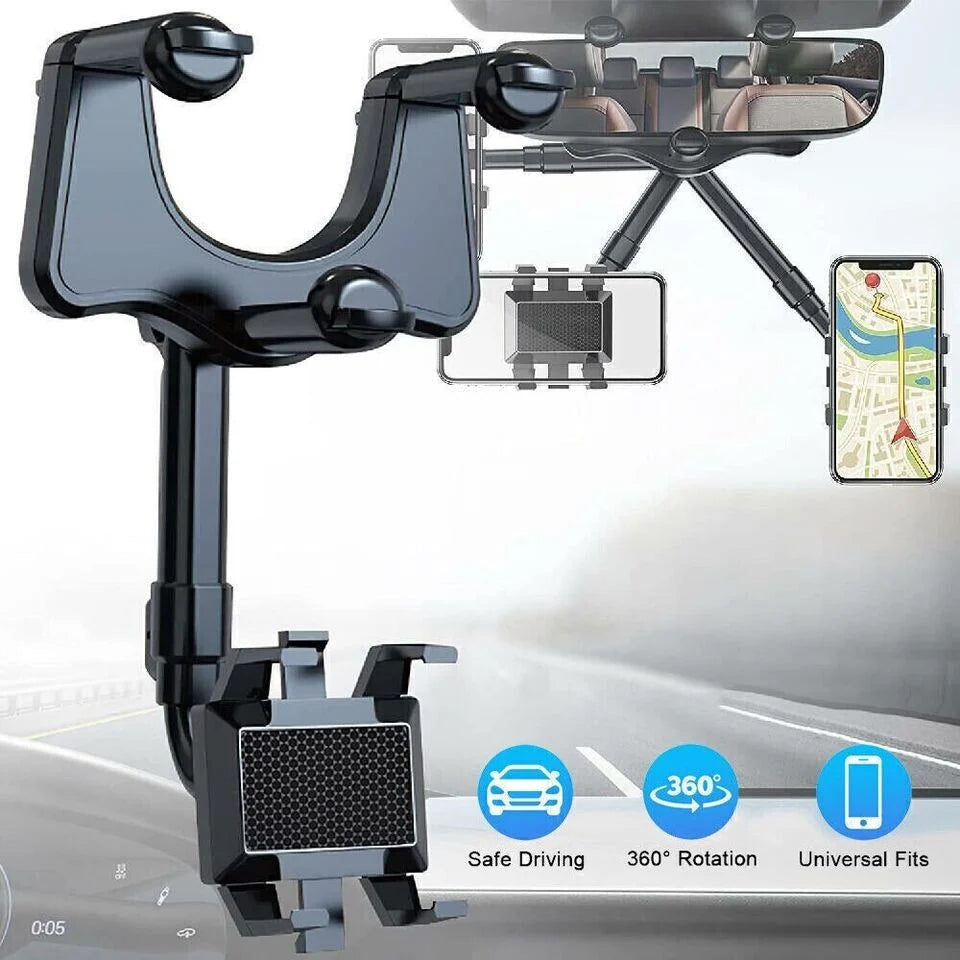 360° Rotatable Car Phone Holder | Rearview Mirror Clamp Mount, Retractable ABS