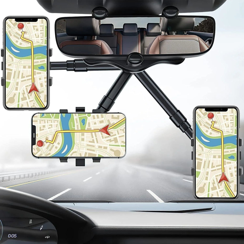 360° Rotatable Car Phone Holder | Rearview Mirror Clamp Mount, Retractable ABS