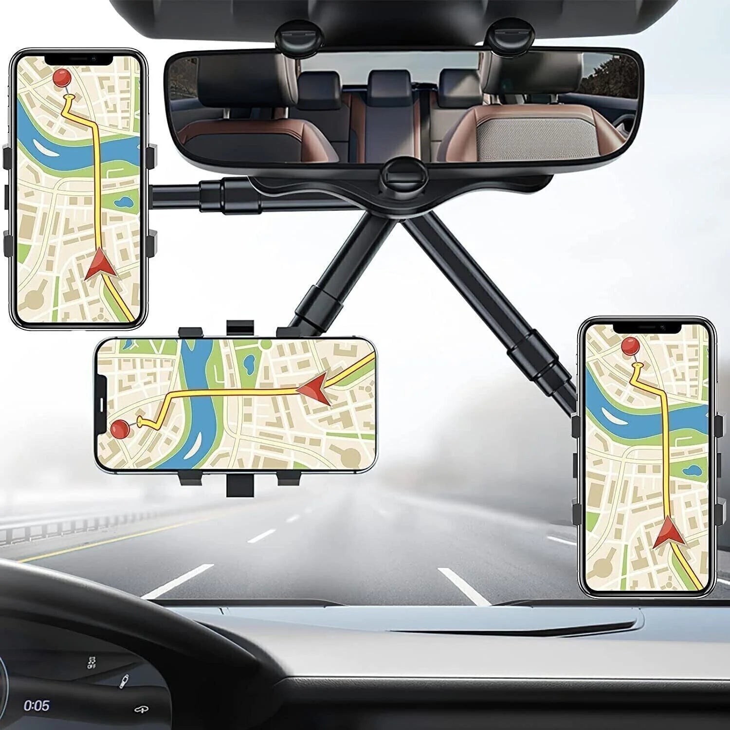 360° Rotatable Car Phone Holder | Rearview Mirror Clamp Mount, Retractable ABS