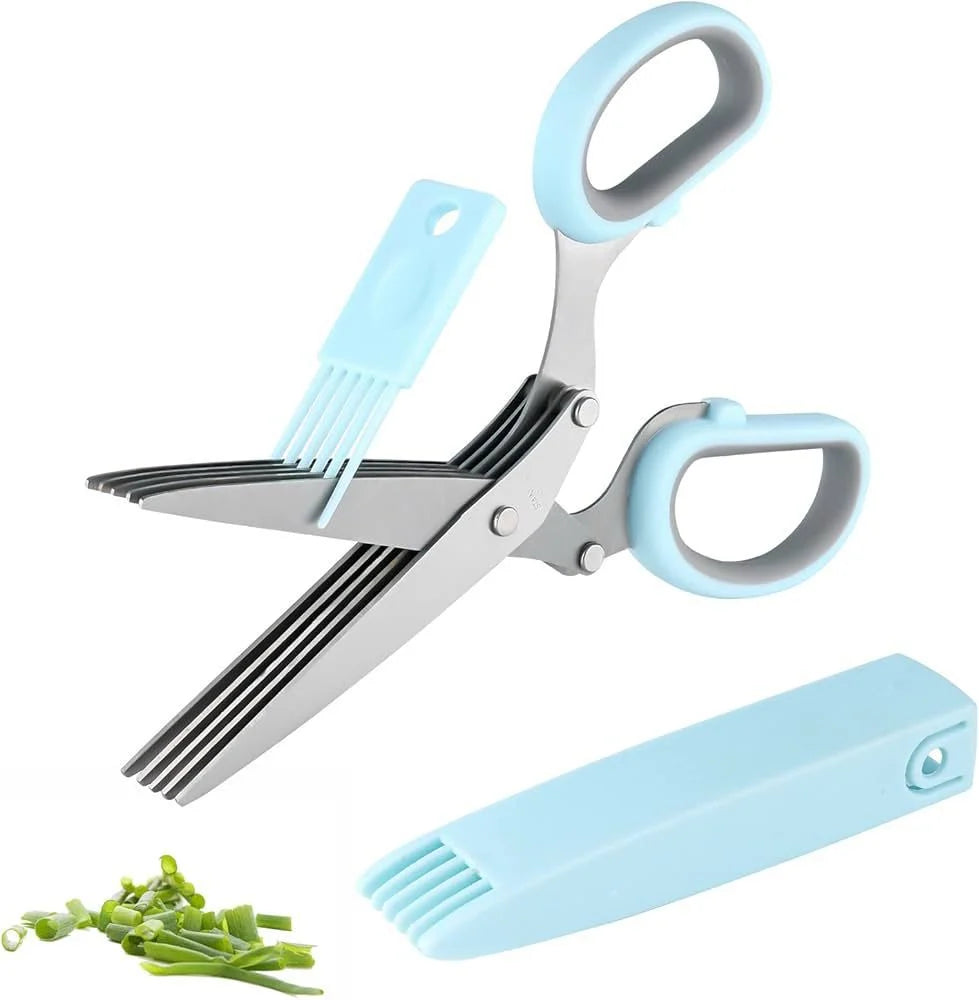 5-Blade Herb Scissors | Stainless Steel Kitchen Herb Cutter with Cleaning Comb