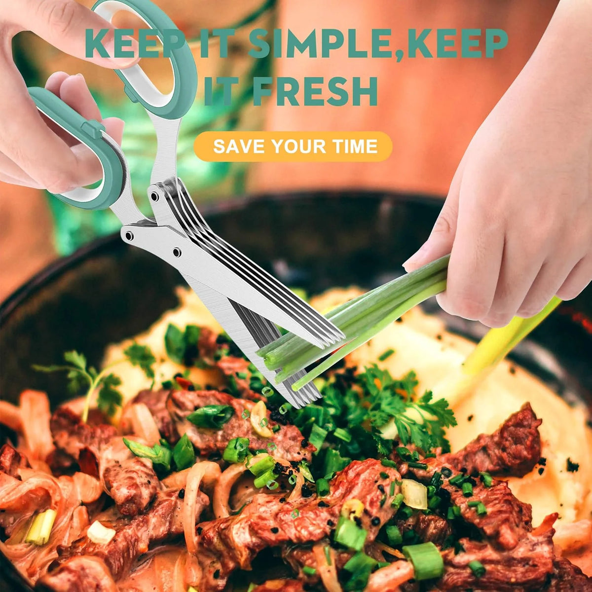 5-Blade Herb Scissors | Stainless Steel Kitchen Herb Cutter with Cleaning Comb