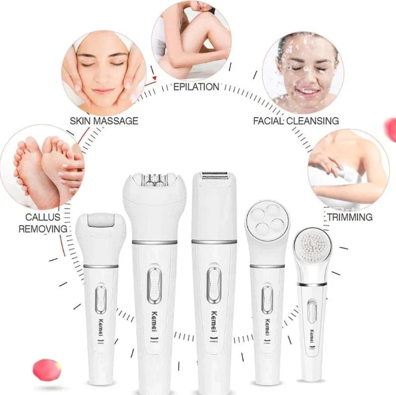 5-in-1 Beauty Tools Kit | Facial Brush, Epilator, Shaver, Massager & Callus Remover