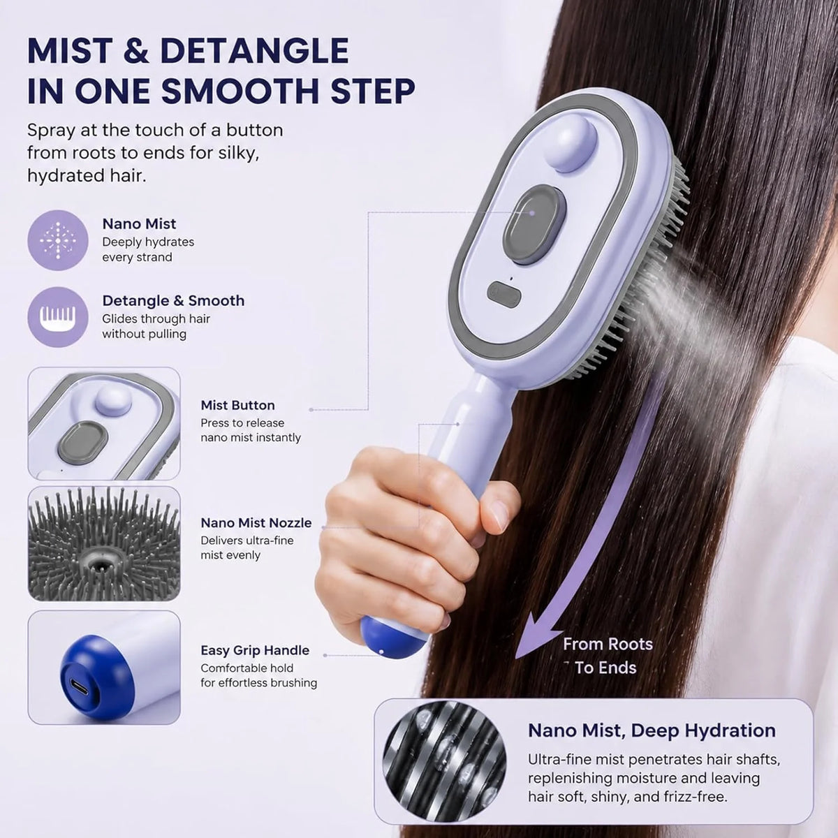 Electric Nano Mist Hair Brush | 2-in-1 Hydrating Detangler with USB-C Charging