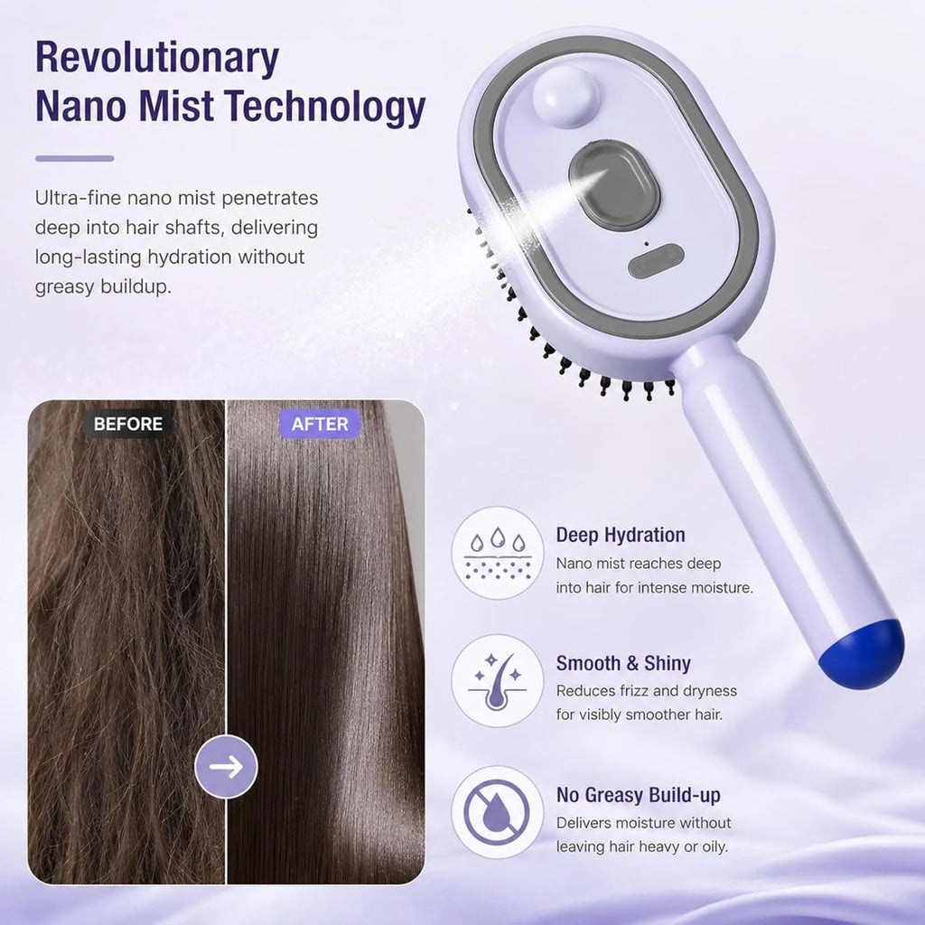 Electric Nano Mist Hair Brush | 2-in-1 Hydrating Detangler with USB-C Charging
