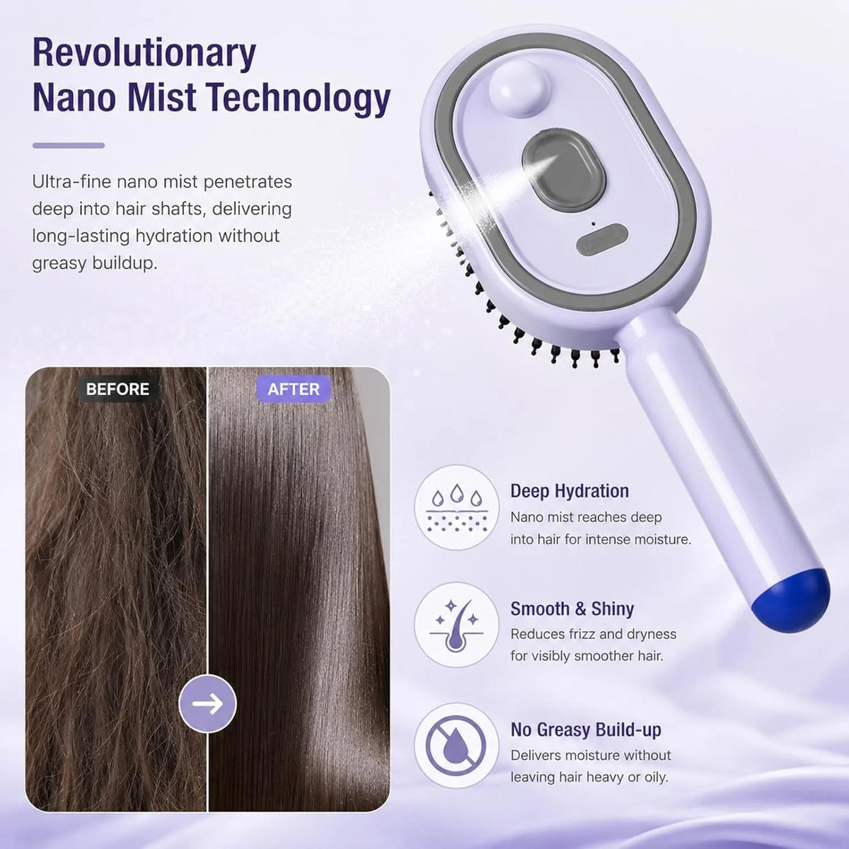 Electric Nano Mist Hair Brush | 2-in-1 Hydrating Detangler with USB-C Charging