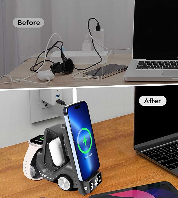 Forklift Wireless Charger Station | 3-in-1 Qi Charging with Clock & Night Light