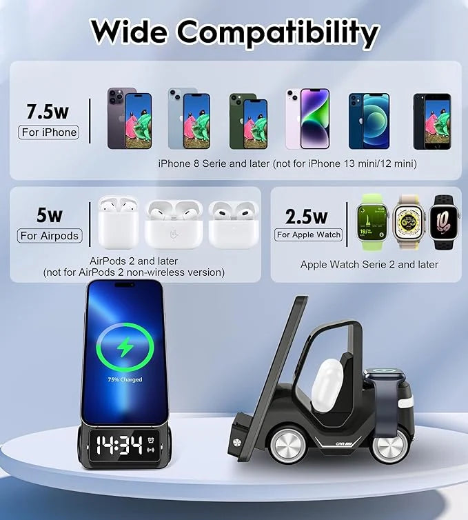 Forklift Wireless Charger Station | 3-in-1 Qi Charging with Clock & Night Light
