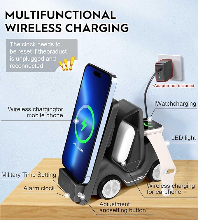 Forklift Wireless Charger Station | 3-in-1 Qi Charging with Clock & Night Light