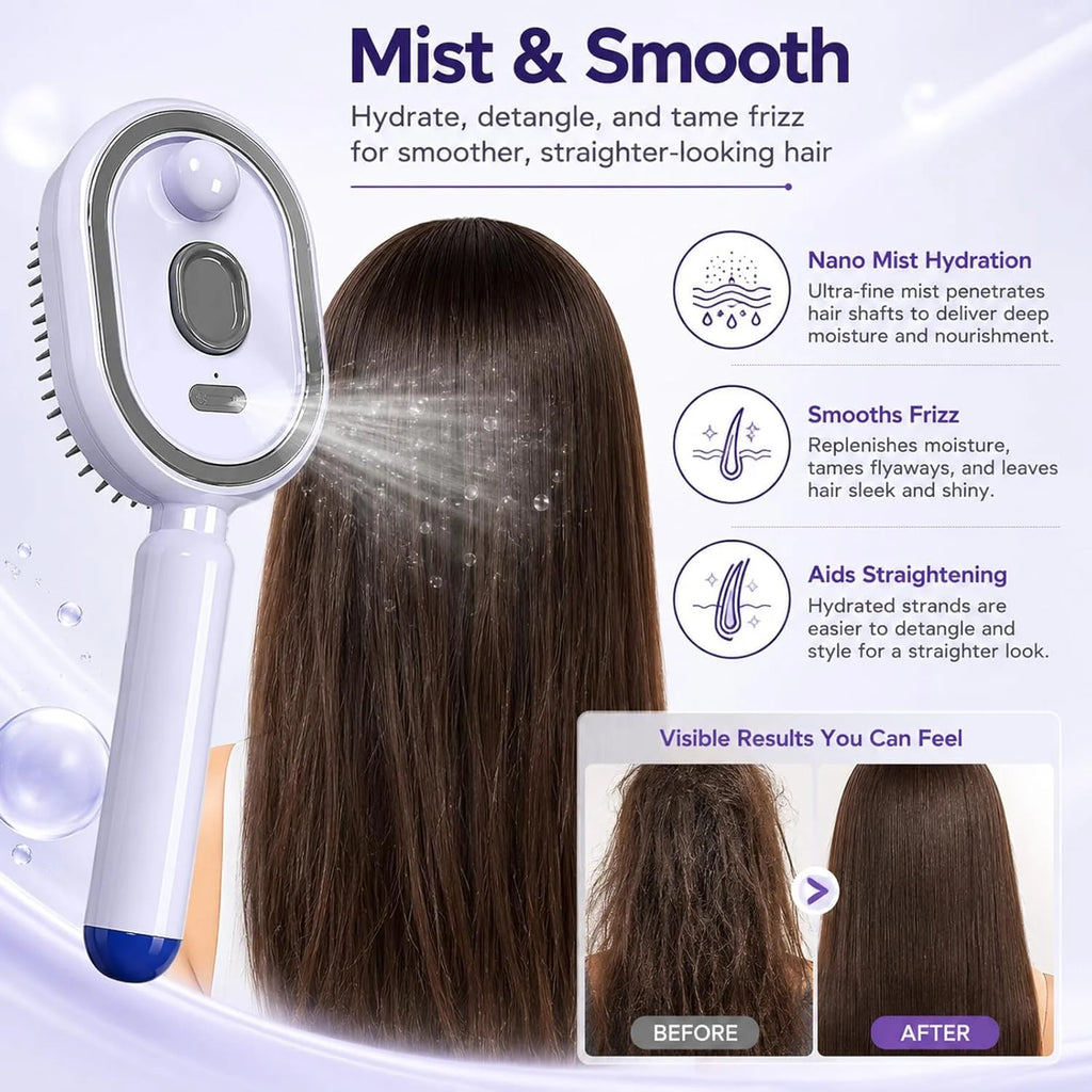 Electric Nano Mist Hair Brush | 2-in-1 Hydrating Detangler with USB-C Charging