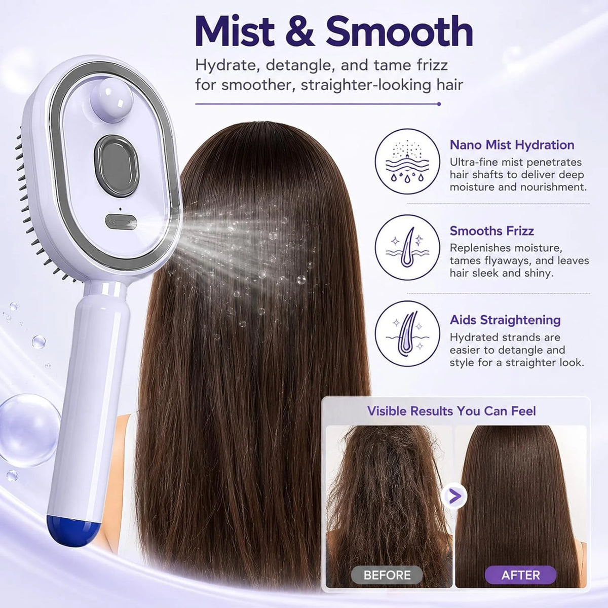 Electric Nano Mist Hair Brush | 2-in-1 Hydrating Detangler with USB-C Charging
