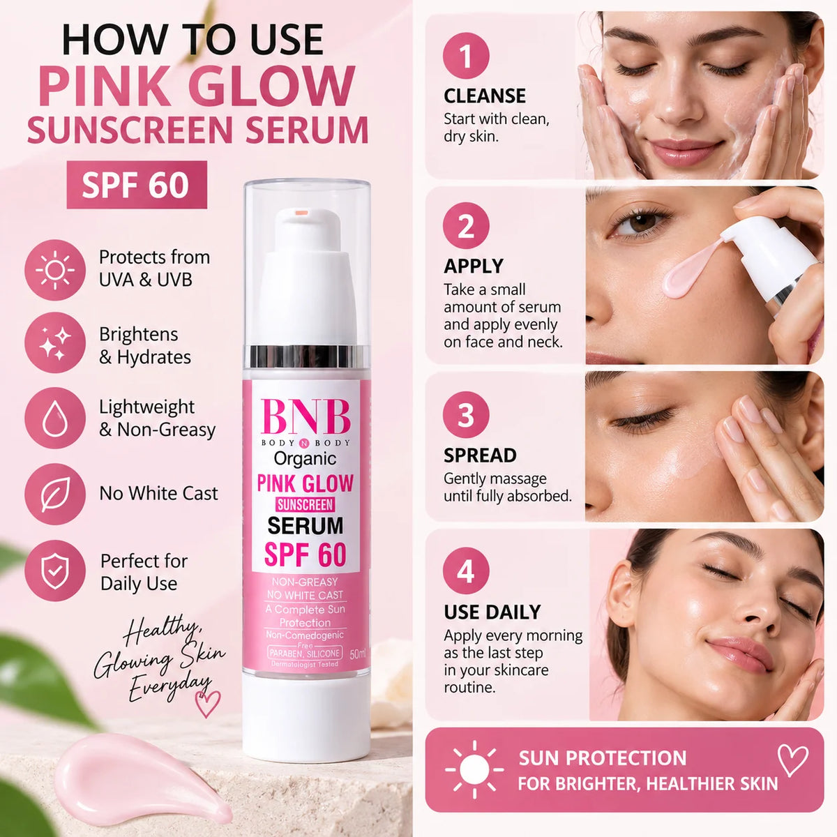 BNB Pink Glow Sunscreen Serum SPF 60 50ml