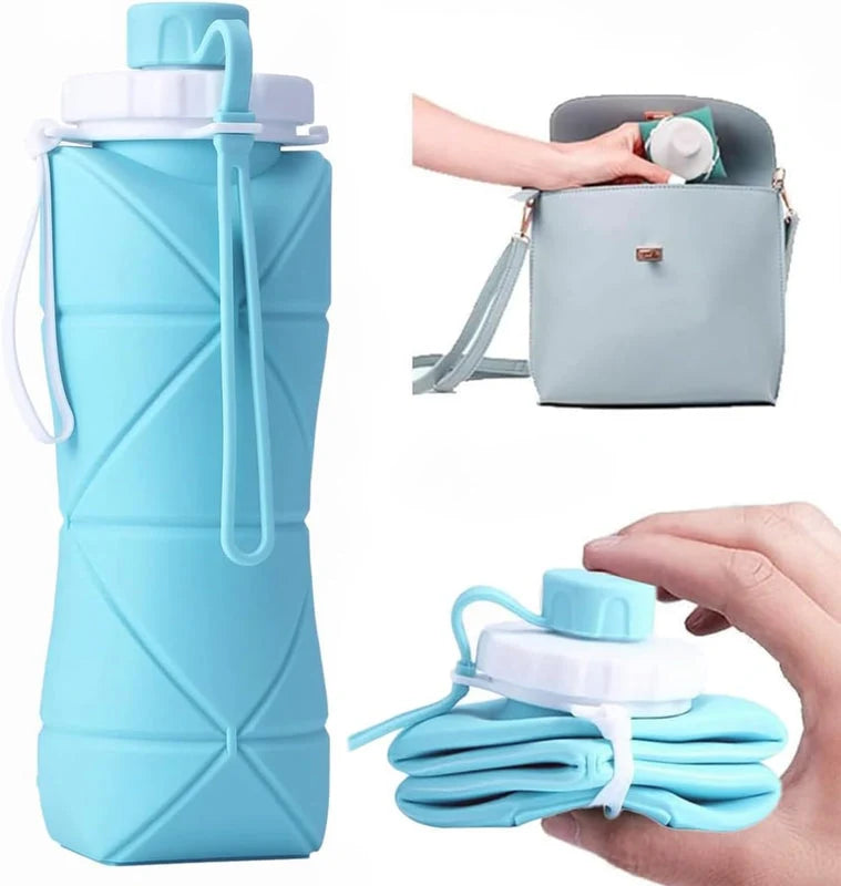 Silicone Folding Water Bottle | 600ml Collapsible, Leak-Resistant & Portable with Carry Strap