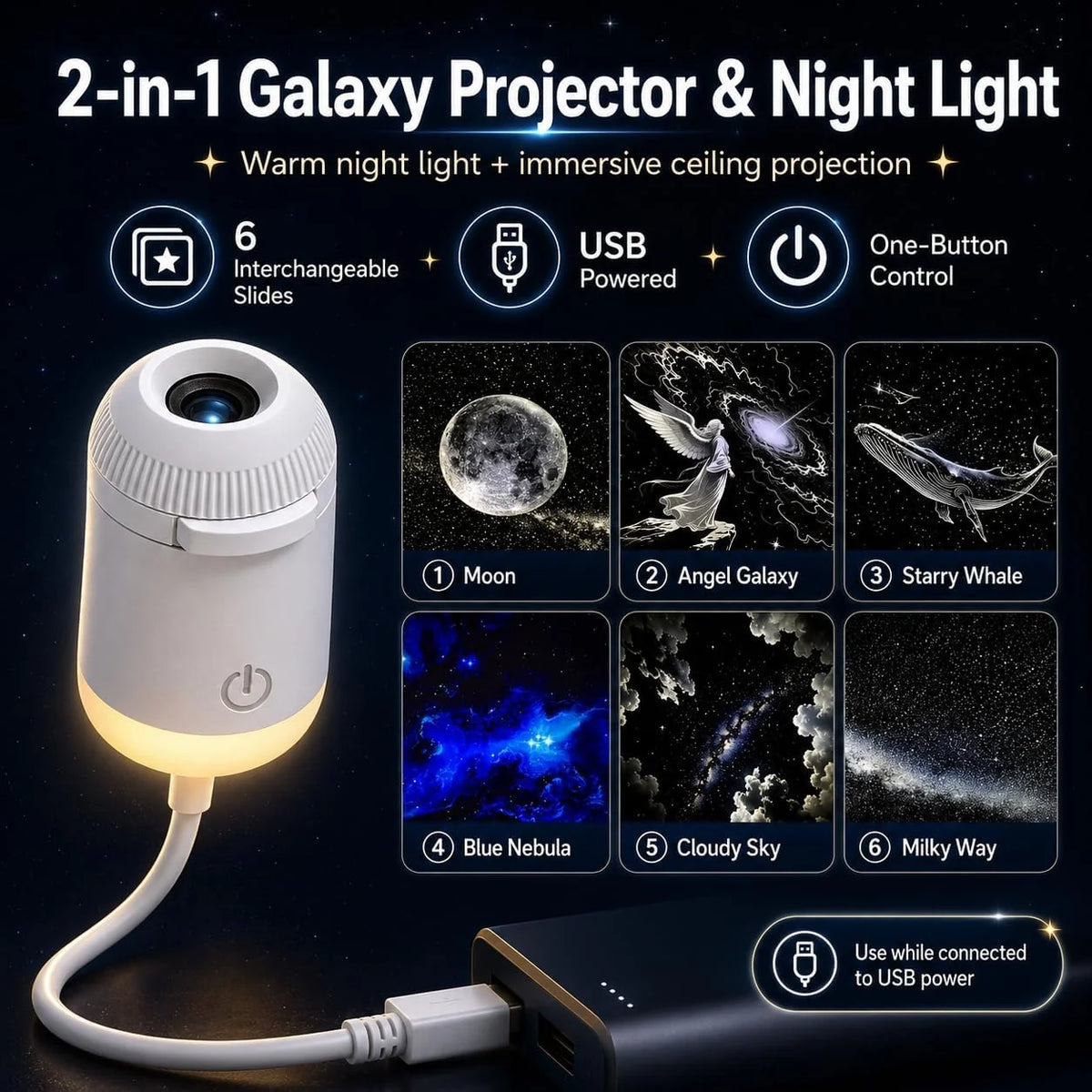 Starry Sky Projection Lamp | Portable USB Night Light with Interchangeable Slides