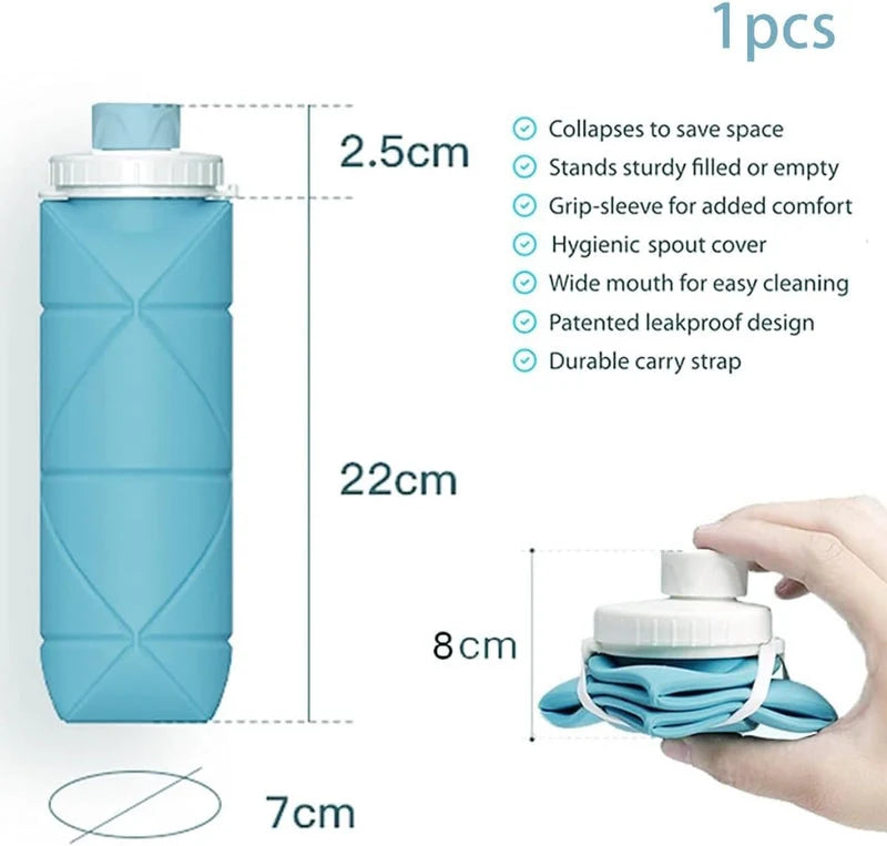 Silicone Folding Water Bottle | 600ml Collapsible, Leak-Resistant & Portable with Carry Strap