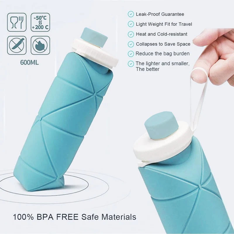 Silicone Folding Water Bottle | 600ml Collapsible, Leak-Resistant & Portable with Carry Strap