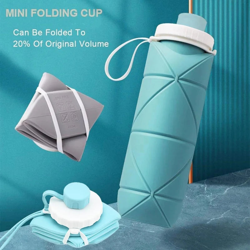 Silicone Folding Water Bottle | 600ml Collapsible, Leak-Resistant & Portable with Carry Strap