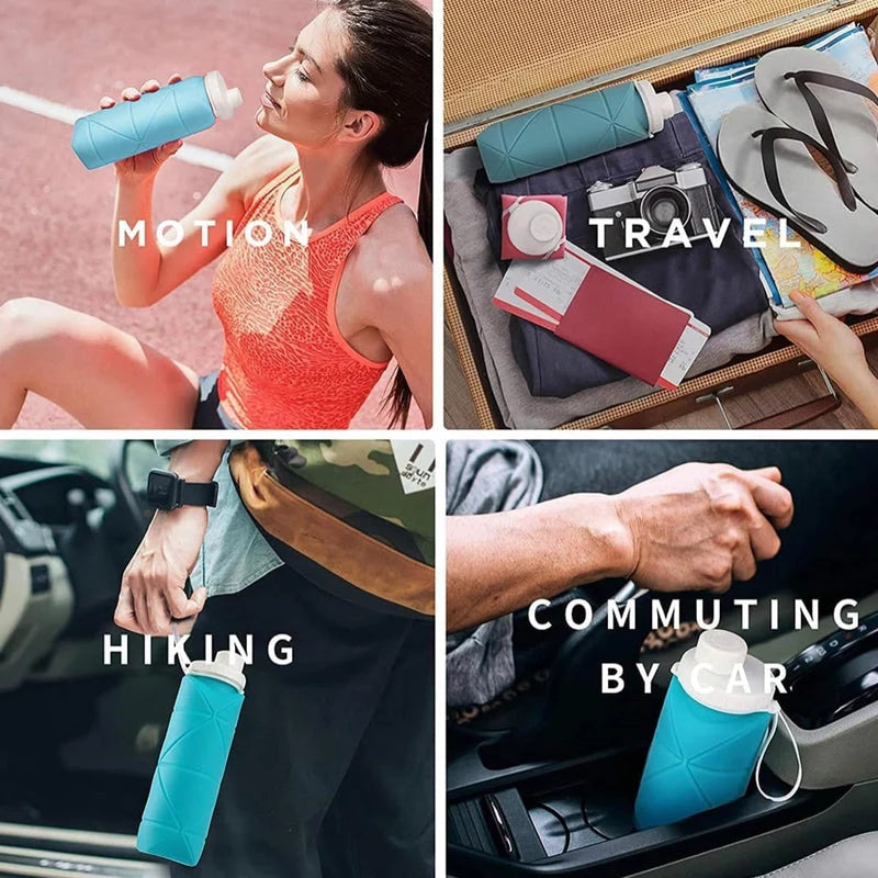 Silicone Folding Water Bottle | 600ml Collapsible, Leak-Resistant & Portable with Carry Strap
