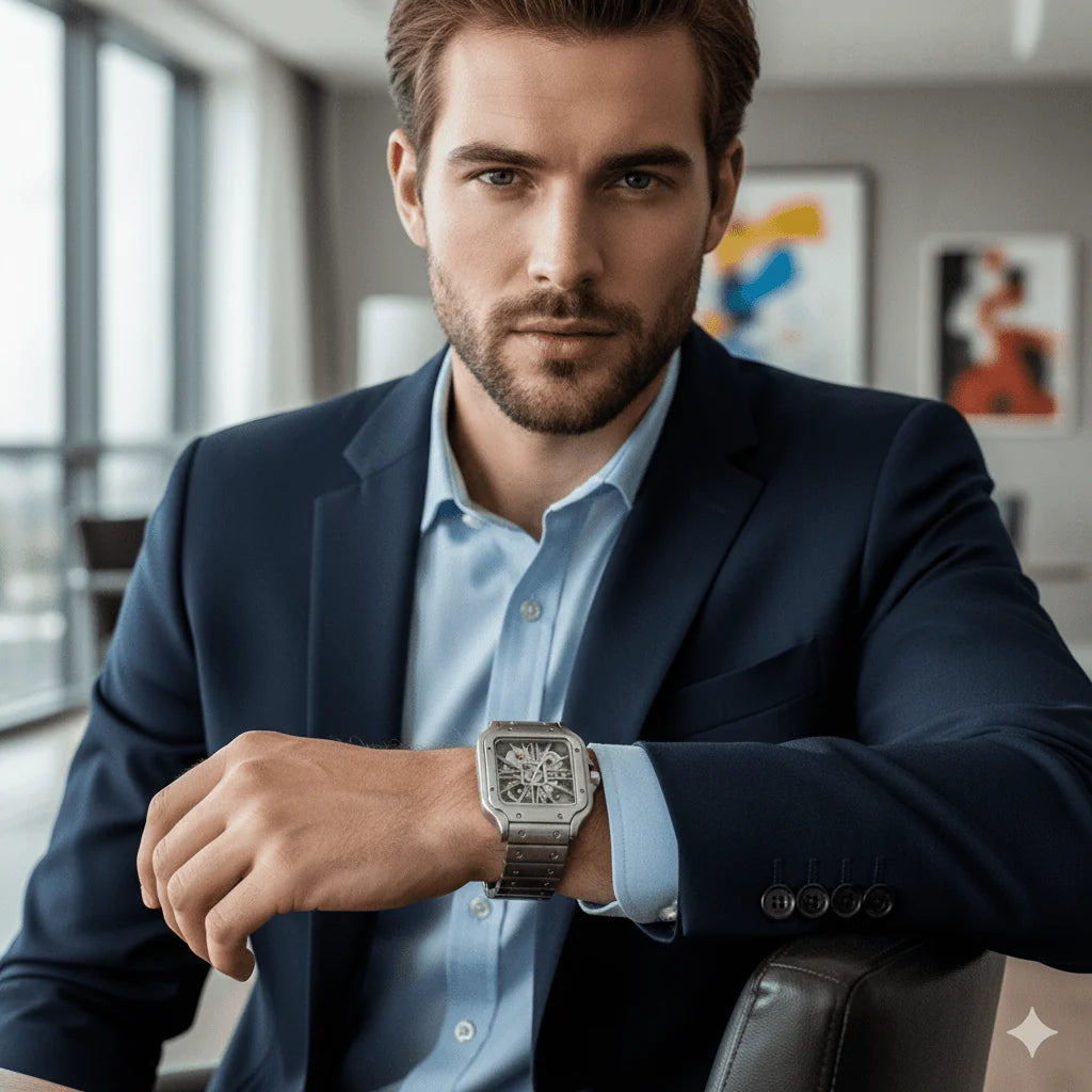 Luxury Skeleton Square Dial Watch | Stainless Steel Wrist Watch