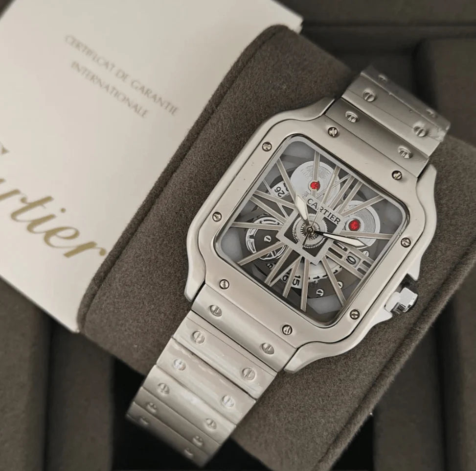 Luxury Skeleton Square Dial Watch | Stainless Steel Wrist Watch