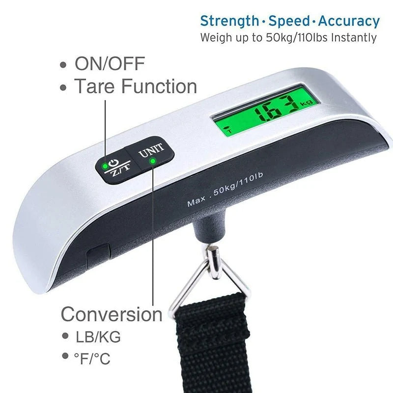 Electronic Luggage Scale | 50kg Capacity, Backlit LCD, Tare Function & Multi-Unit Display