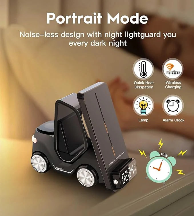 Forklift Wireless Charger Station | 3-in-1 Qi Charging with Clock & Night Light