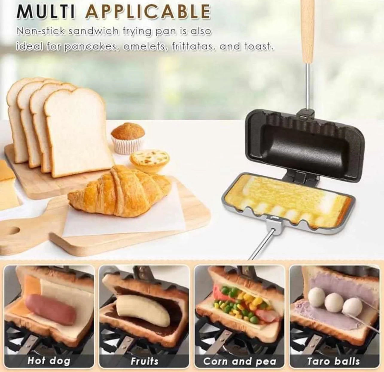 Non-Stick Sandwich Frying Pan | Multipurpose Grilled Sandwich Maker with Wooden Handle