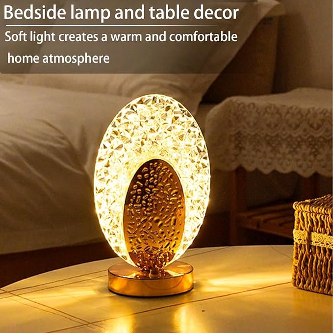 Oval Crystal LED Table Lamp | Dimmable Warm Light for Bedroom & Living Room