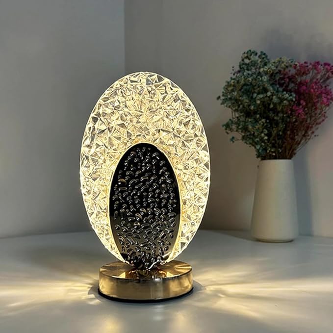 Oval Crystal LED Table Lamp | Dimmable Warm Light for Bedroom & Living Room