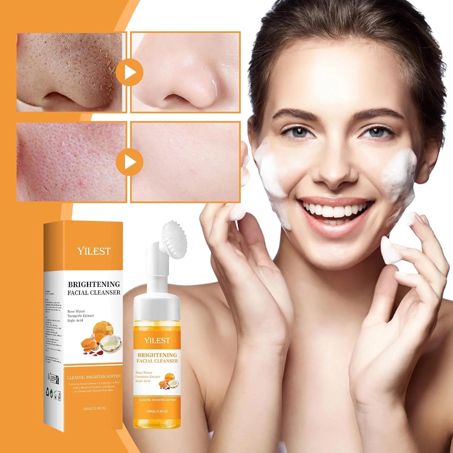 Turmeric Brightening Facial Cleanser | Kojic Acid, Rose Water & Silicone Brush