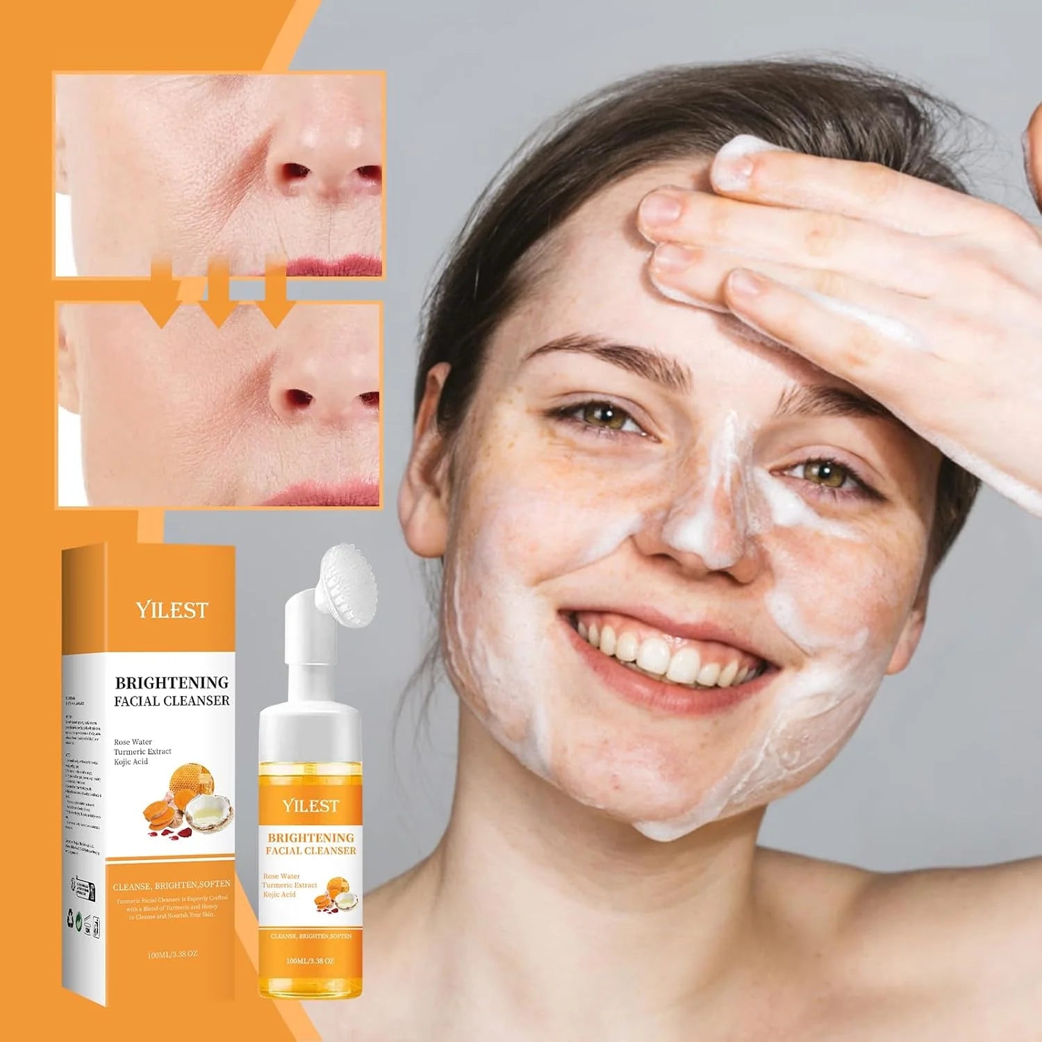 Turmeric Brightening Facial Cleanser | Kojic Acid, Rose Water & Silicone Brush