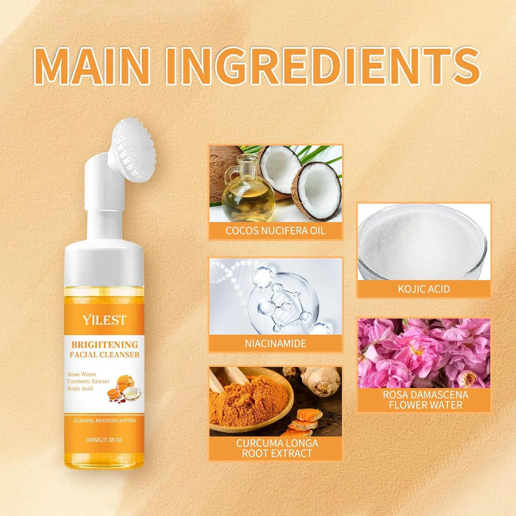 Turmeric Brightening Facial Cleanser | Kojic Acid, Rose Water & Silicone Brush