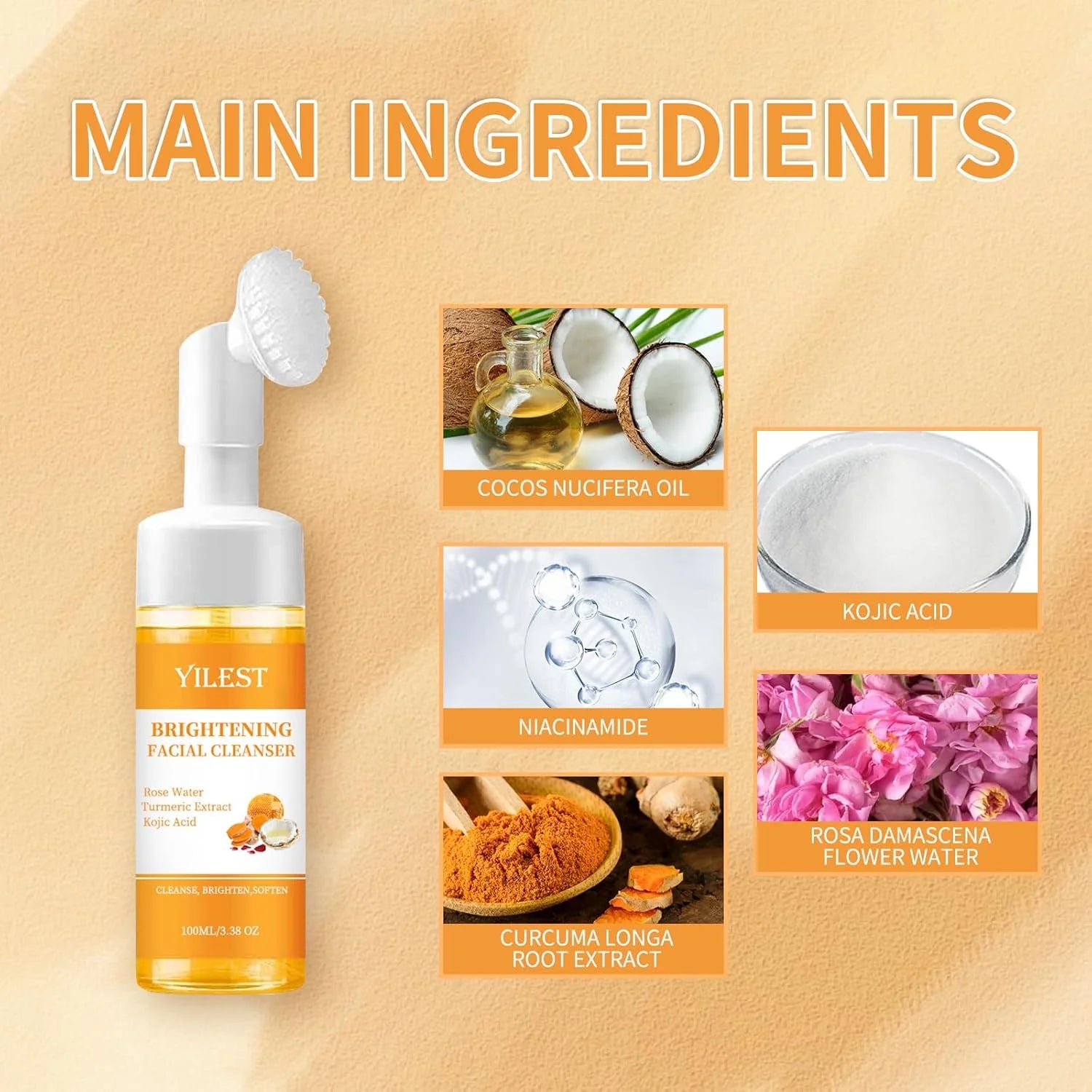 Turmeric Brightening Facial Cleanser | Kojic Acid, Rose Water & Silicone Brush