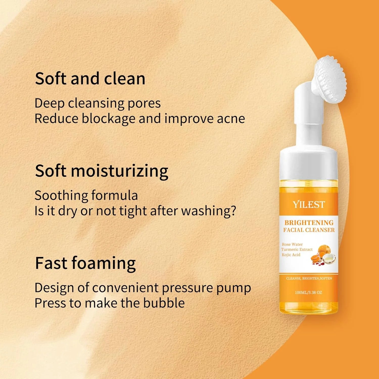 Turmeric Brightening Facial Cleanser | Kojic Acid, Rose Water & Silicone Brush